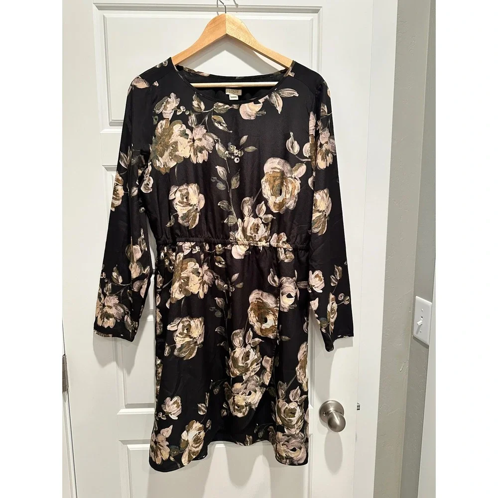 J.Crew Black Tulip Hem Dress Size 14 Floral Long Sleeve Garden Party‎ Capsule